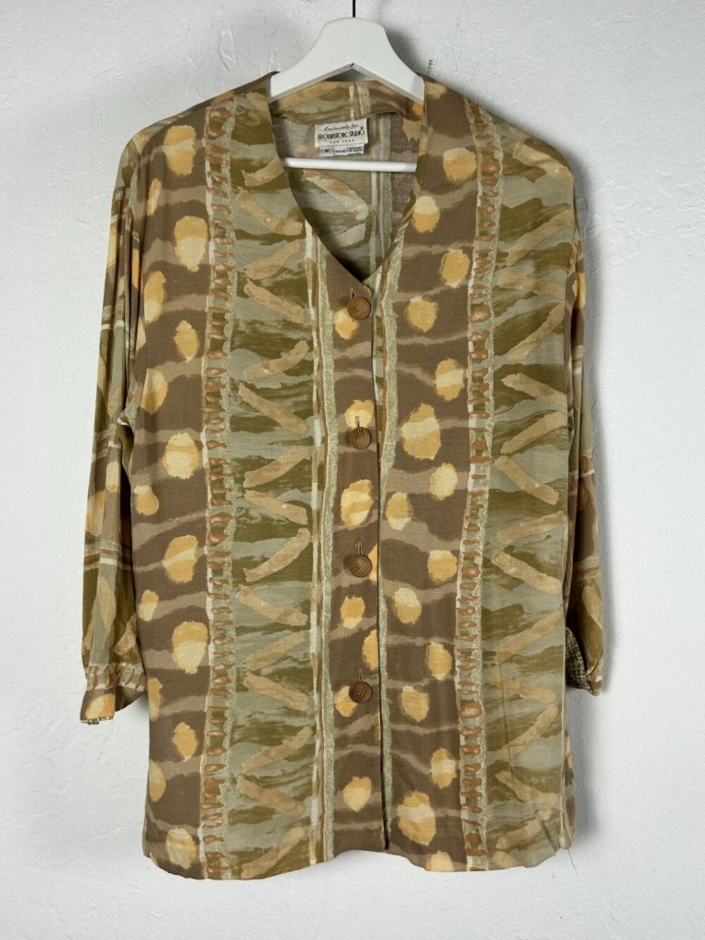 Brownstone Studio Womens Petite Button-Down Top Abstract Print 3/4 Sleeves USA
